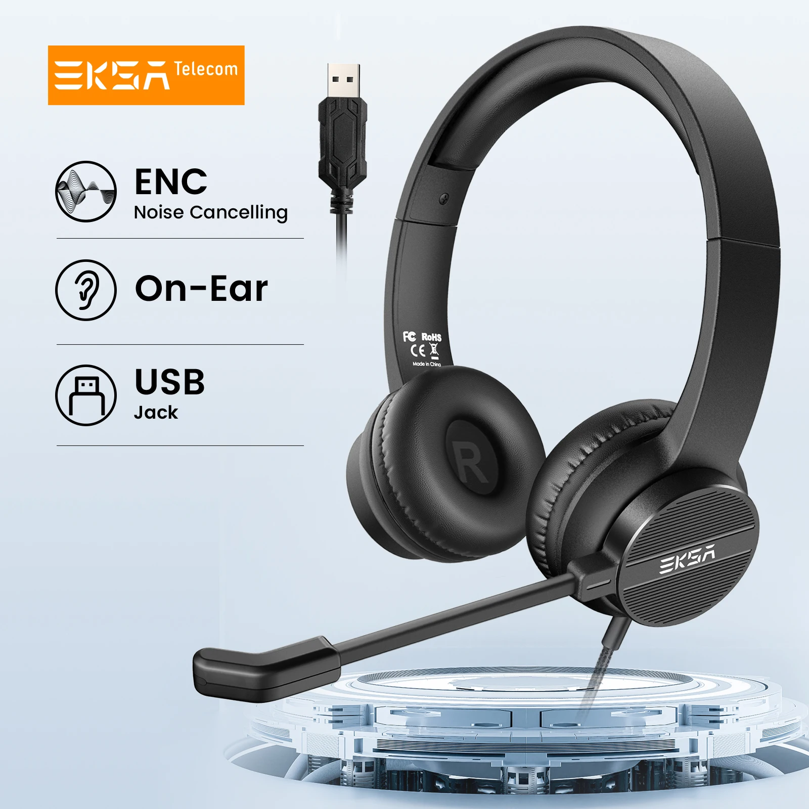 EKSA H12E Office Headset On-Ear USB Wired Computer Headphones with Microphone ENC Call Center Headset Gamer for PC Laptop Skype