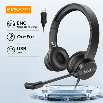 EKSA H12E 辦公室耳機,頭戴式 USB 有線電腦耳機,附麥克風、ENC 降噪功能,適用於呼叫中心、遊戲玩家,支援 PC、筆記型電腦和 Skype 等應用程式。 8 最佳銷售 附麥克風的USB耳機 - №8