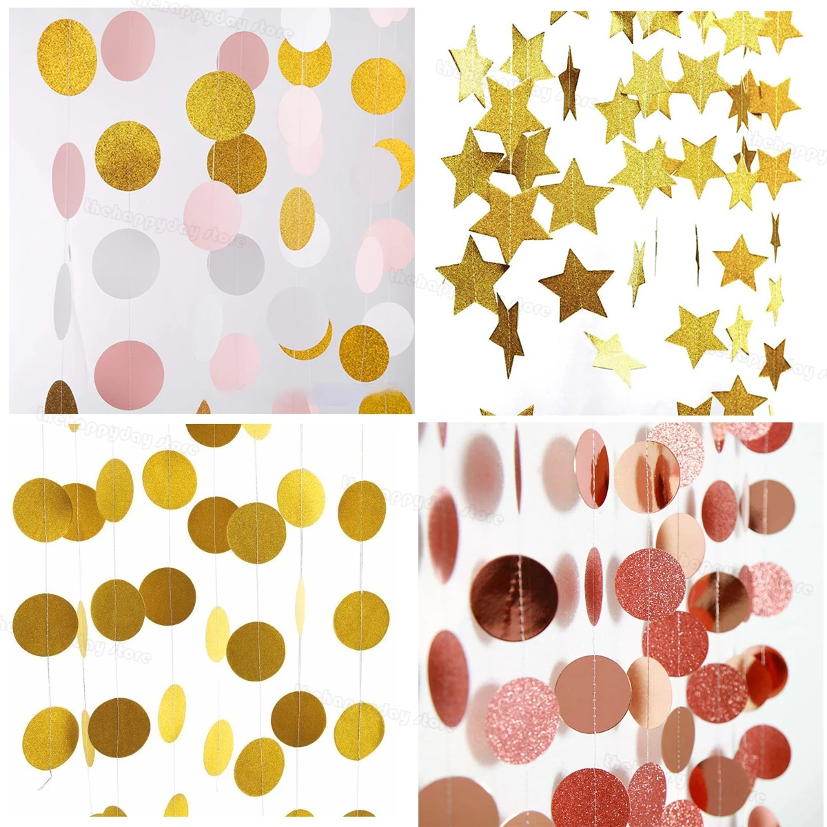 4/2M Gold Glitter Paper Banner Garland Circle Dot Round Garlands Hanging Star String Banner Wedding Christmas Birthday New Year