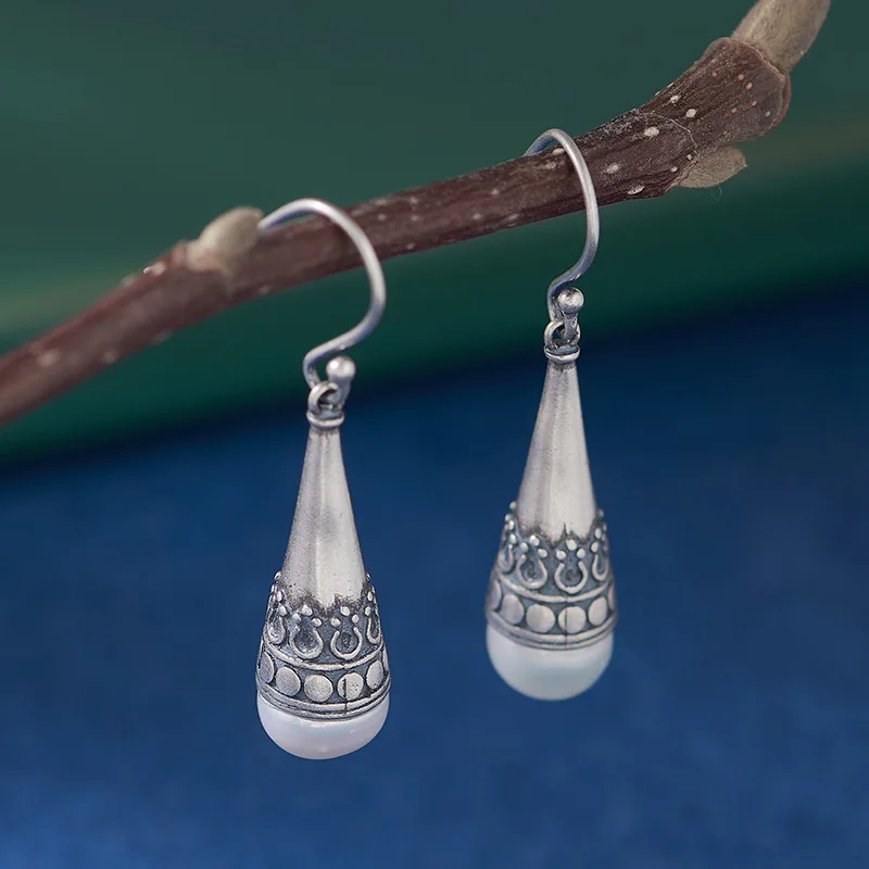 S925 Sterling Silver Drop Earrings for Women New Fashion Droplet Shaped Inlaid Pearl Long  Ear-drop Jewelry Wholesale