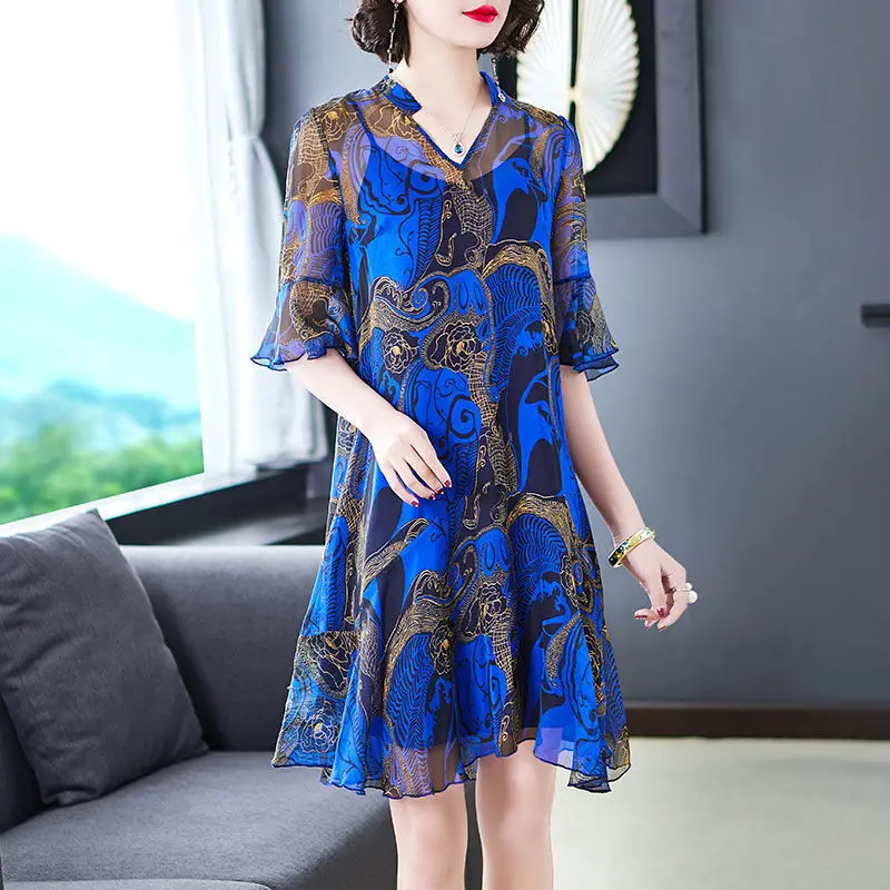 V-Neck Flare Sleeve Ladies Printing Dress 2023 Summer Women\'s Clothing New Casual Commute Fashion Chiffon Loose Waist Dresses