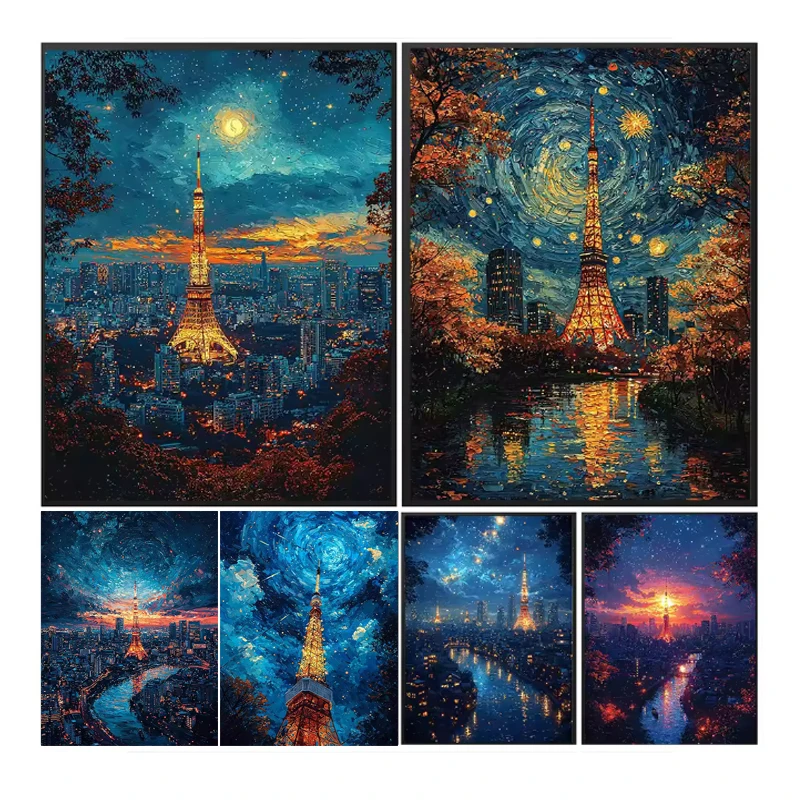 Kit de pintura de diamantes de la Torre de Tokio, kits de arte de diamantes DIY redondos de taladro completo, pintura por diamantes, gemas de diamantes de imitación, artesanía, decoración de pared del hogar