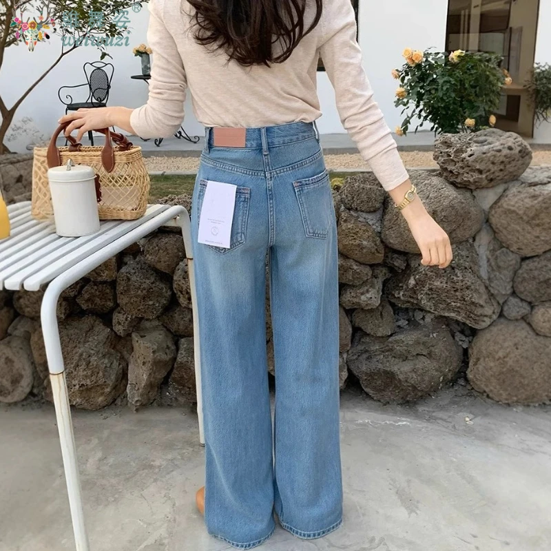 Pantalones vaqueros holgados para mujer, pantalones vaqueros azules suaves y versátiles, pantalones de cintura alta con bolsillos, pantalones casuales de pierna ancha a la moda, ropa de calle de otoño