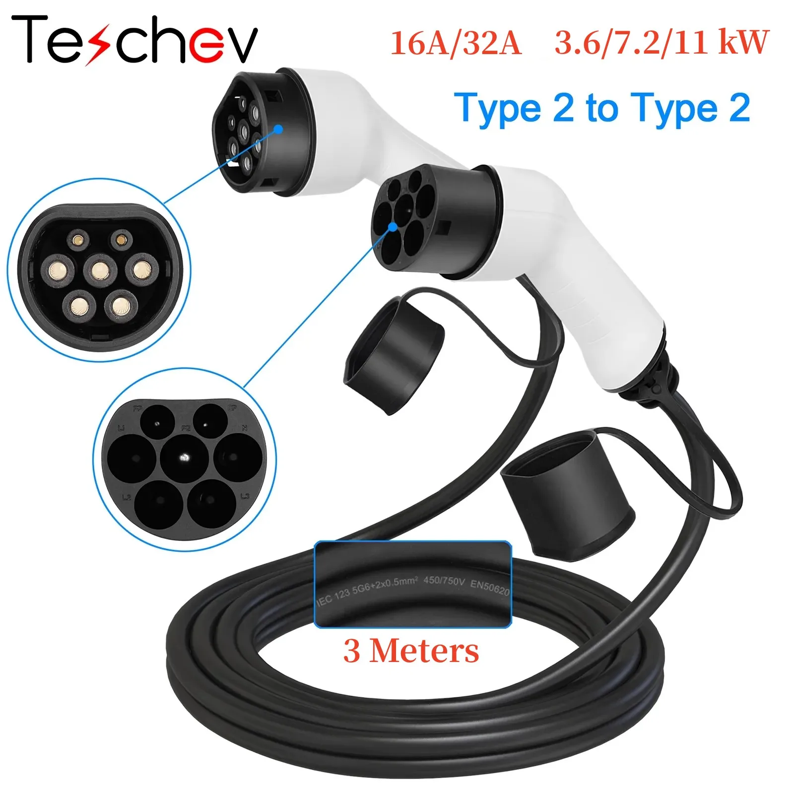 Teschev EV Charging Cable IEC62196 Type2 to Type2 Female to Male Plug 1 Phase  3 Phase 16A 11kW 3M Cable Electric Vehicle Cord