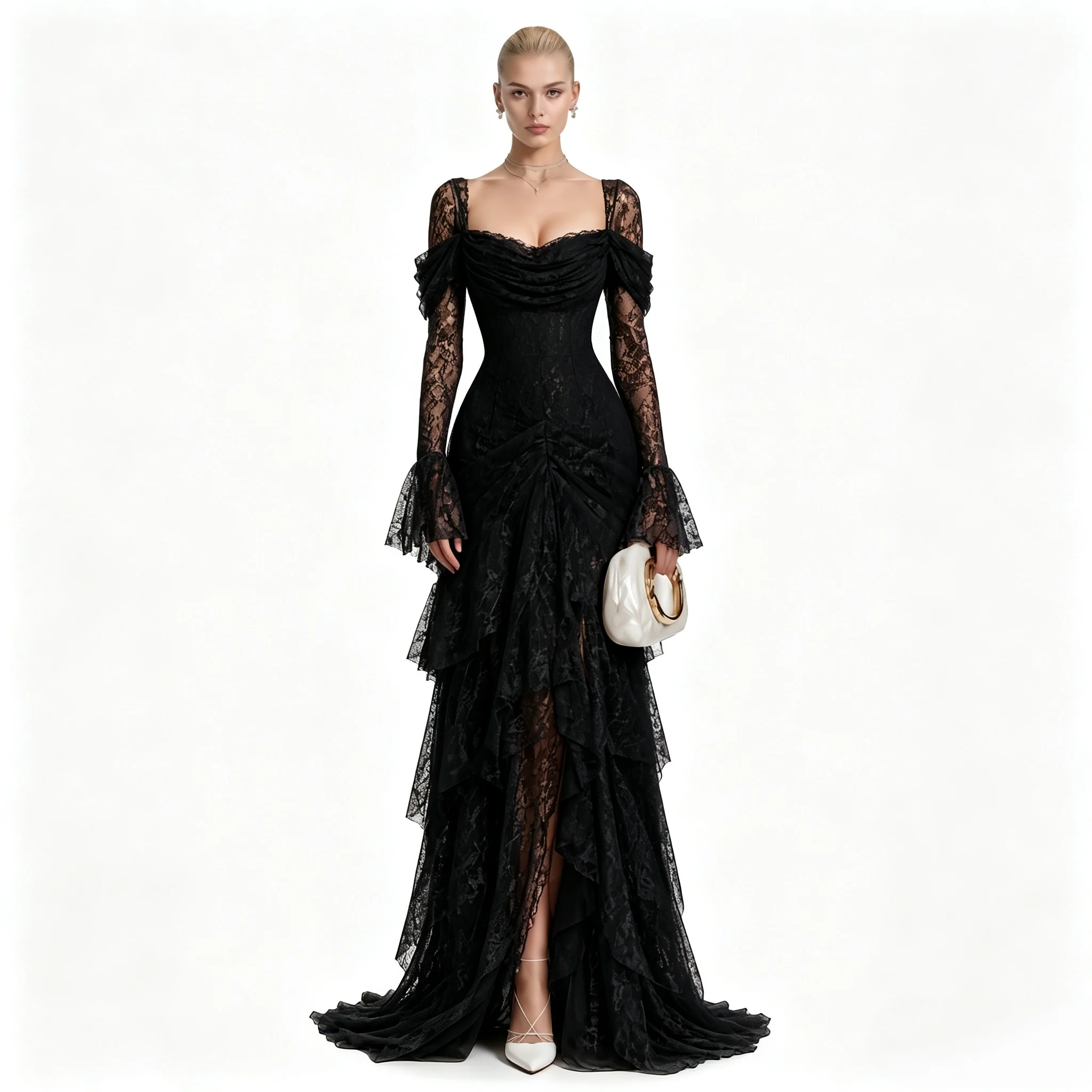 Women's Formal Evening Gowns Black Evening Dresses Off Shoulder Bridesmaid Dress Long Sleeve Ruffled Lace Elegant Party Dresses