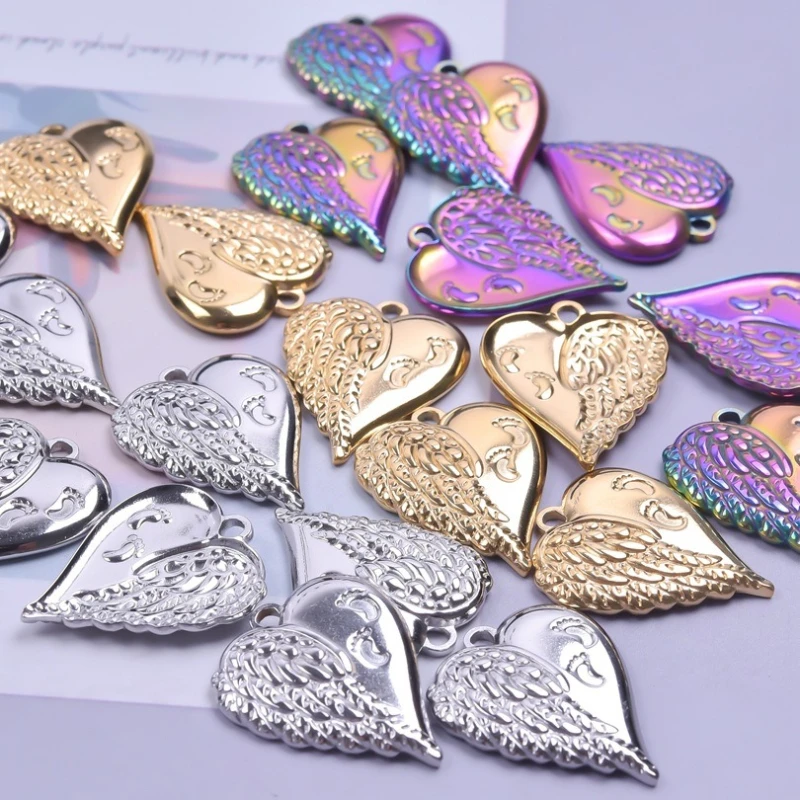 3Pcs Stainless Steel Angel Wing Heart Charms Vintage Baby Footprint Pendants For Hip Hop DIY Necklace