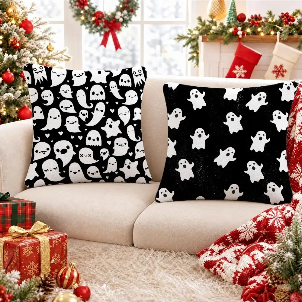 Pattern Halloween Ghost Cushion Cover Short Plush Pillowcase, Sofa Bedroom Home Decor & Holiday Gift