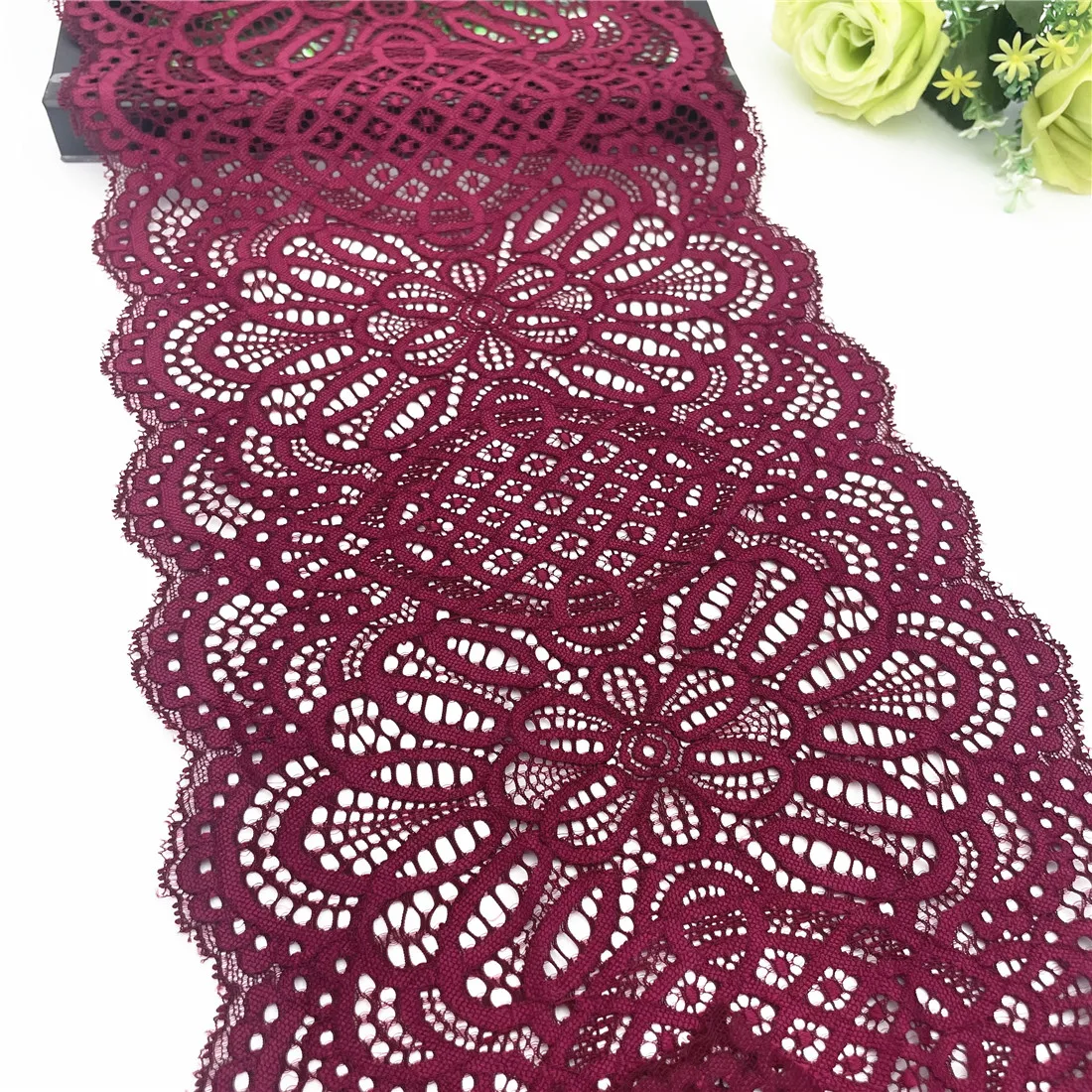 3y/lot Width 24.50cm Burgundy Elastic Stretch Lace Trims Red For Clothing Accessory Dress Sewing Applique Costume Lace Fabric