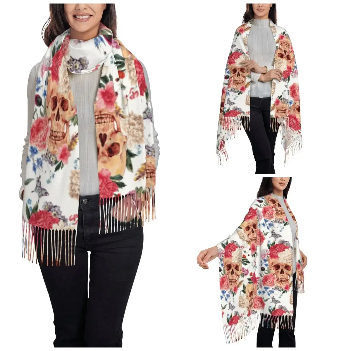 Womens Tassel Scarf Floral Skull Peony Long Winter Warm Shawl Wrap Vintage Fashionable Gifts Pashmina Scarves