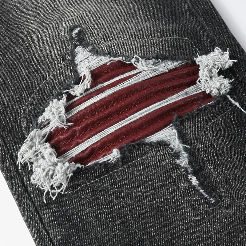 High StreetY2K แฟชั่นกางเกงยีนส์ใหม่ลูกปัดริ้วรอยล้าง Huaihe Perforated Patch เก่า Retro สีดําสีเทากางเกงยีนส์ High Street อินเทรนด์ Hi