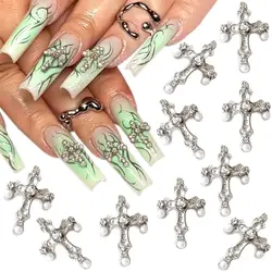 10Pcs Gold/Silver Cross Nail Charms 3D Metal Punk Retro Pearl Diamond Cross Nail Art Decorations Kawaii DIY Manicure Accessories