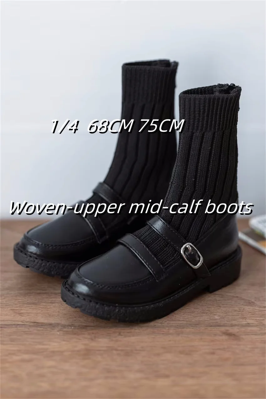 Woven-upper Single Buckle Mid-calf Boots Spot Inventory 1/4 ID75 BJD Shoes  Black Leather Soft-soled Knitted Doll Accessories