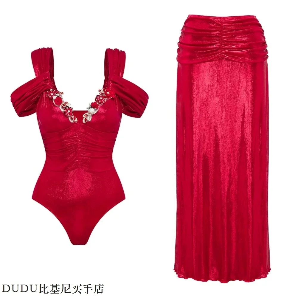 New Heavy Industry Solid Color Bright Face Integrated Swimsuit Set