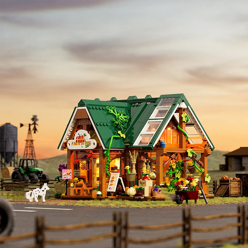 1523PCS Agricultural Product Store Building Blocks Light Street View House Model ​with 3 Figures Idea Puzzle Toys Christmas Gift