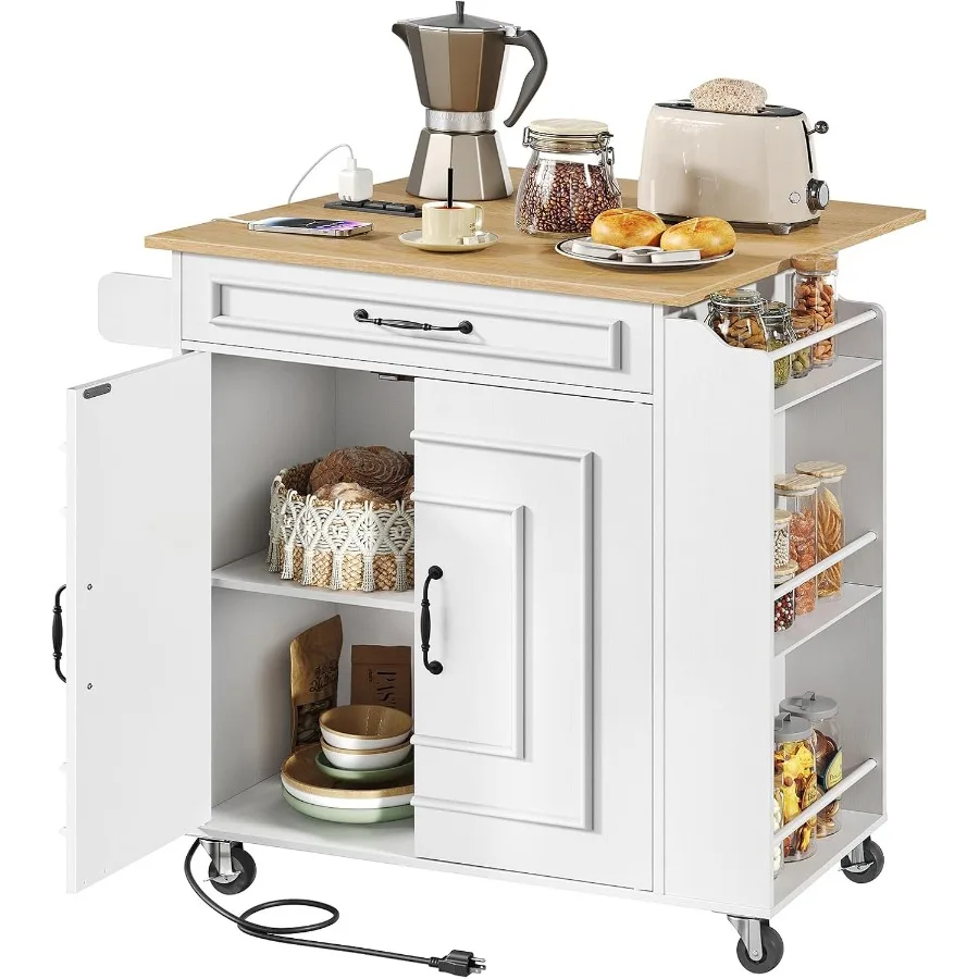 Kitchen Island with Power Outlets and Drop Leaf, Small Rolling Kitchen Cart on Wheels, Kitchen Storage Island with Spice Rack,