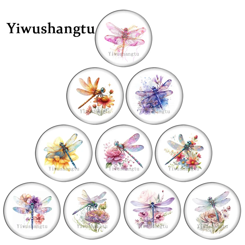 Naughty lovely colorful dragonfly flowers Patterns 12mm/18mm/20mm/25mm Round photo glass cabochon demo flat back Making findings