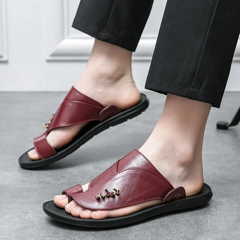 New Men Leather Slippers Summer Non-slip Leather Home Comfort Lazy Slippers Quality Trend Breathable Outdoor Beach Vacation Shoe