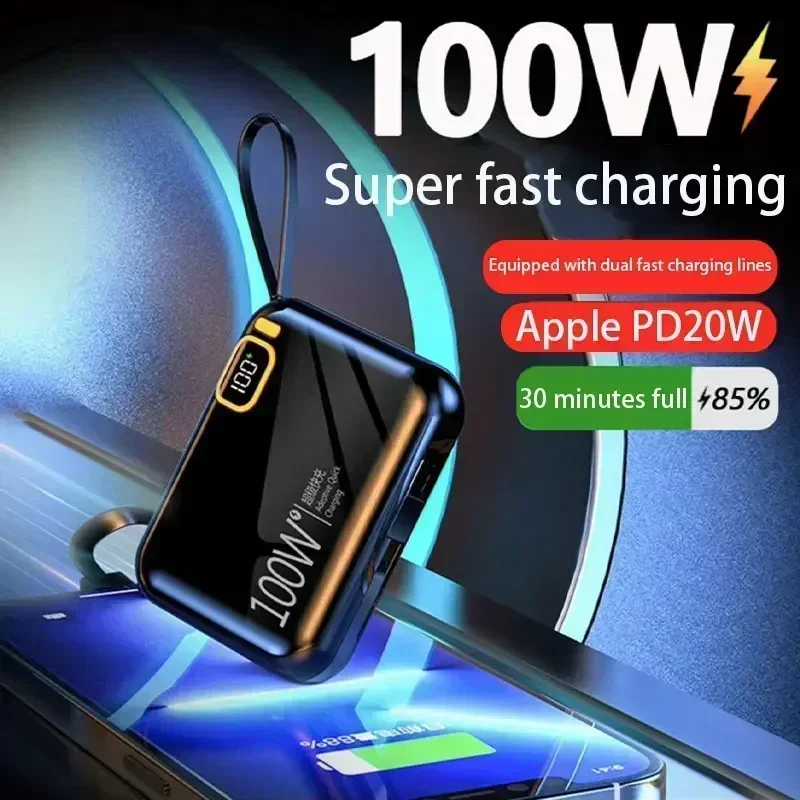 50000mah Portable Power Bank PD100W Detachable USB to TYPE C Cable Two-way Fast Charger Mini Powerbank Mobile Power Supply