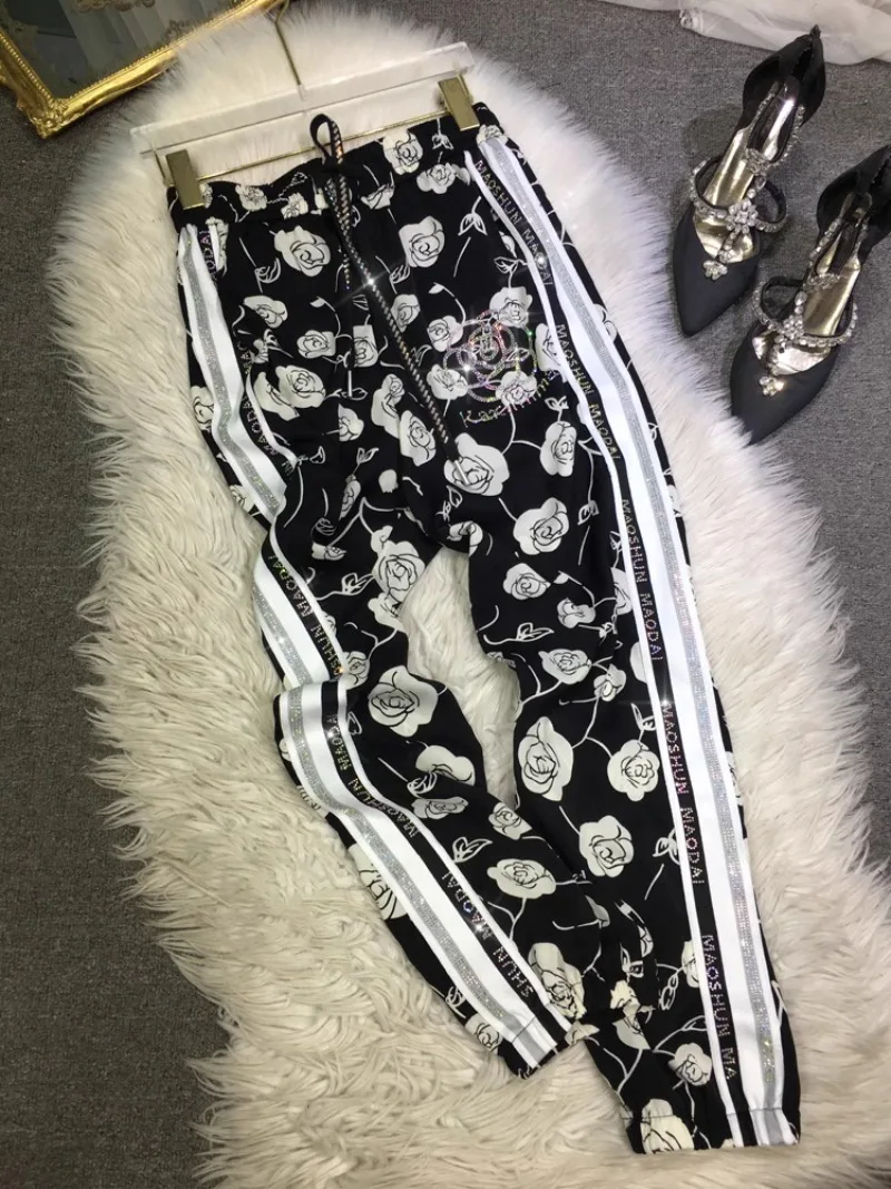 Heavy Embroidery Diamond Drills Loose Black Pant Women's Flower Silky Satin Cool Ankle-Tied Sports Pants Light Summer Trousers