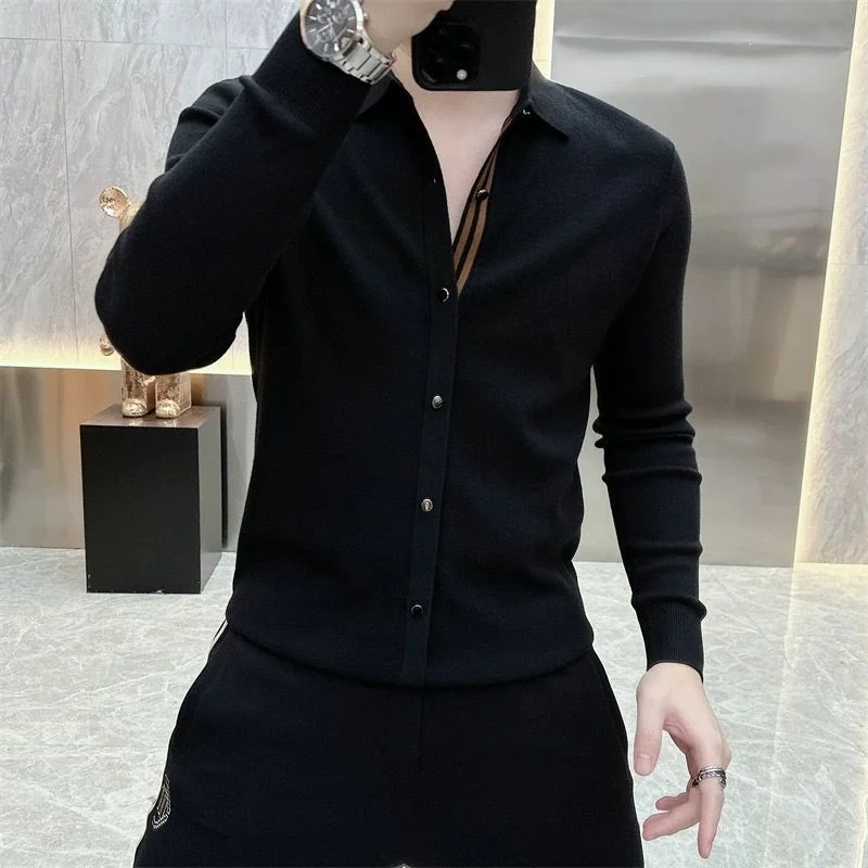 

Versatile Lapel Knitted Shirts Men's New Slim Fashionable Long-sleeved Sweater Autumn Winter