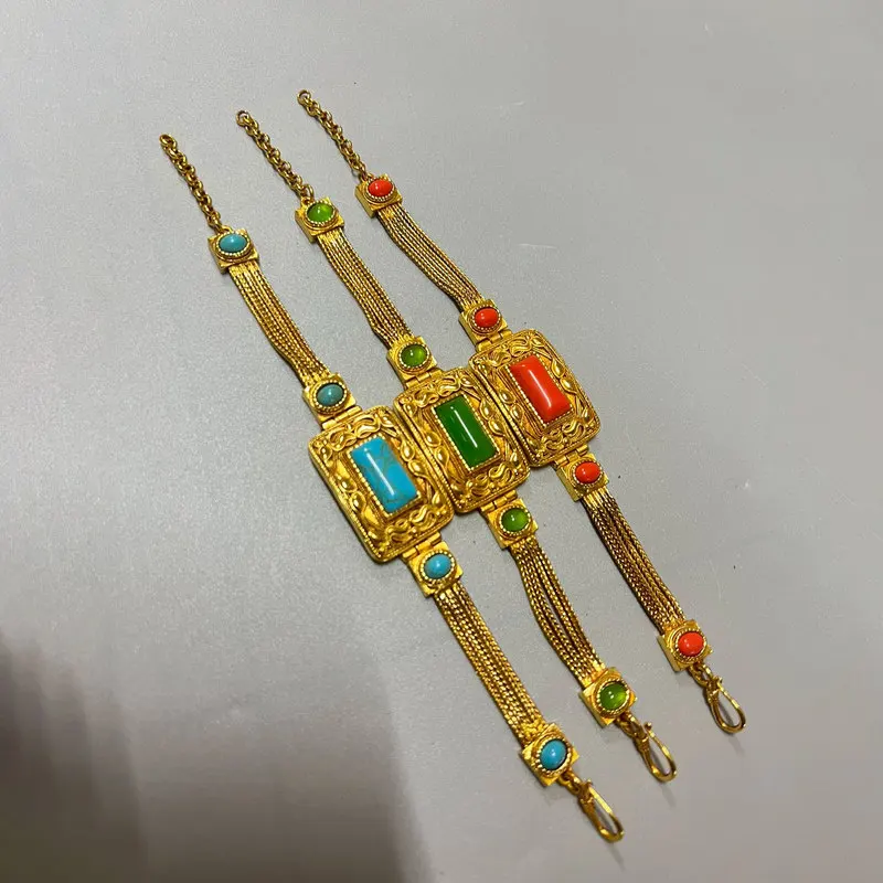 Vintage Gilded Imitation Gold Gemstone Bracelet, Antique-Style Copper Decorative Item