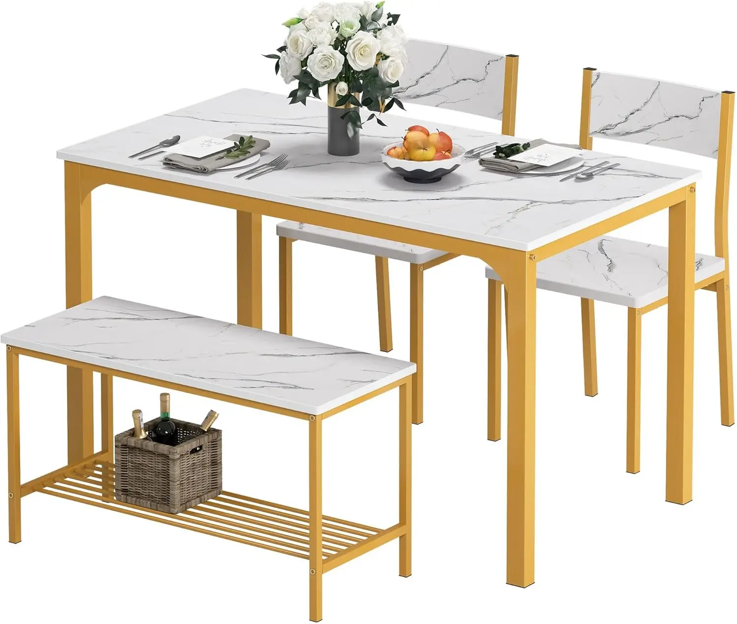 4 Person Dining Table Set,43.3 inch Kitchen Table Set for 4,2 Chairs with Backrest,2-Person Bench with Storage Rack,Nesting Furn