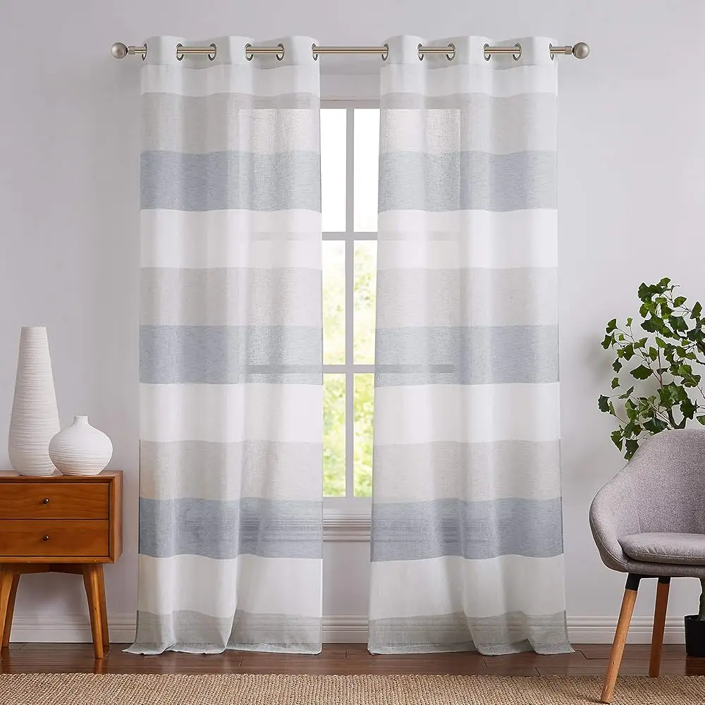 

Панель для оконных штор Central Park: серые и дымчато-синие полосы, прозрачные, с цветовыми блоками, льняные, для спальни и гостиной