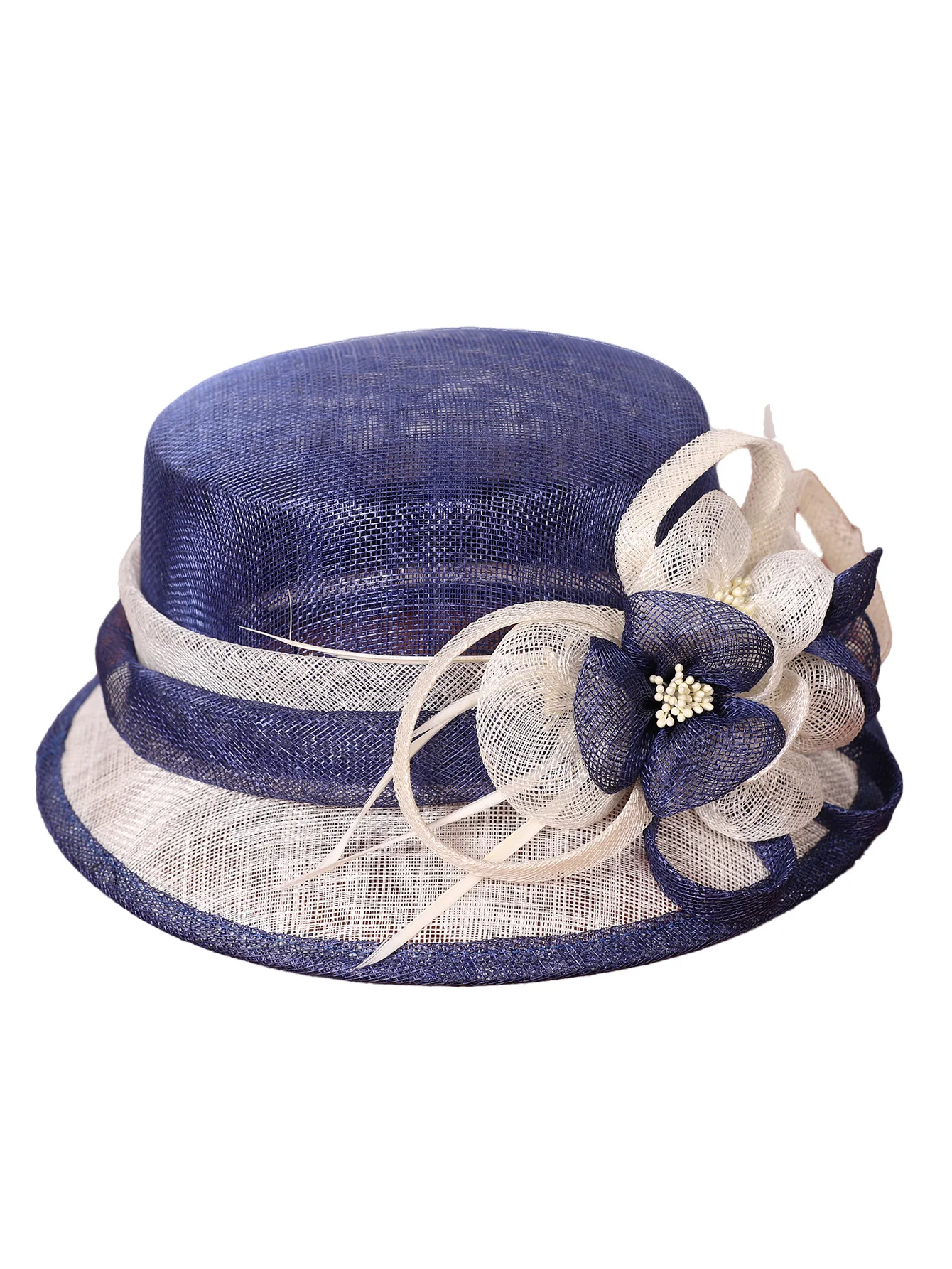 FS Brytyjski niebieski biały kapelusz ślubny Sinamay dla kobiet Kapelusz kościelny Elegancki kwiat z szerokim rondem Fedoras Kentucky Derby Party Hat — zdjęcie 6