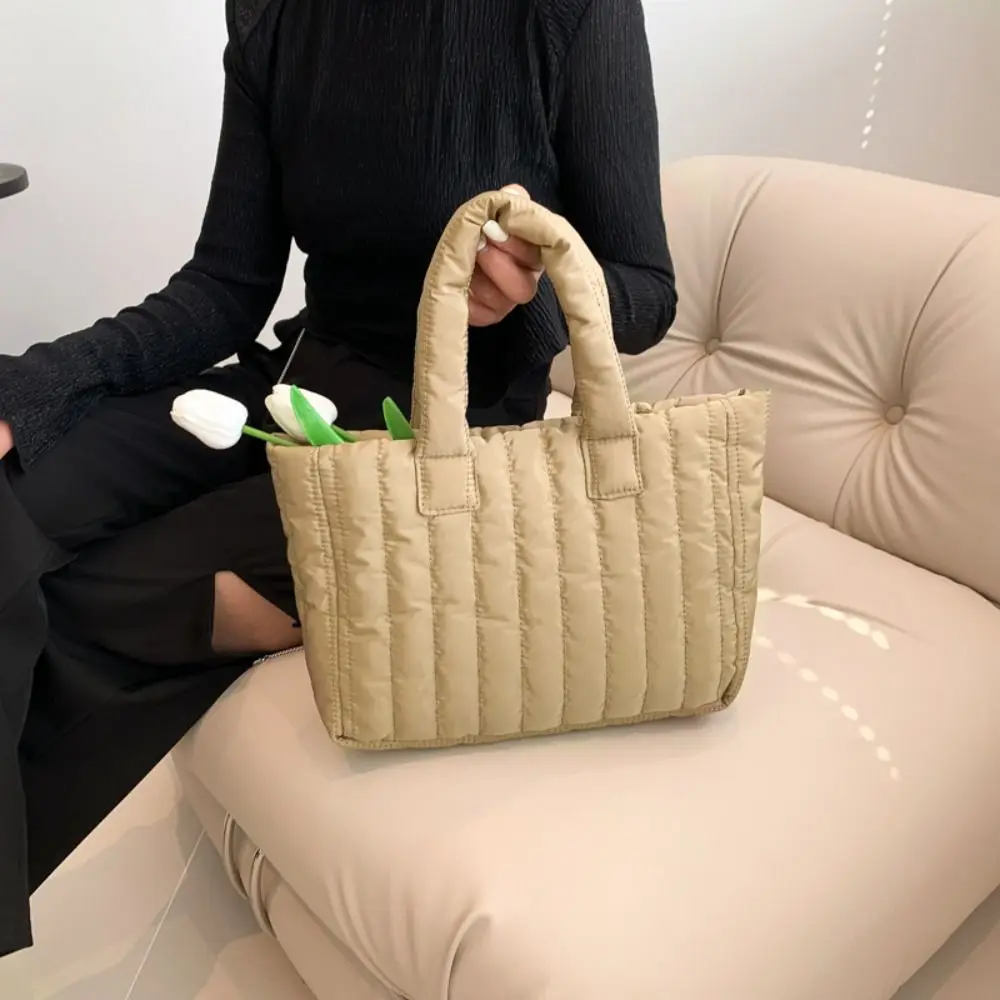 Fashion Korean Style Padded Tote Bag Large Capacity Cloth Puffer Handbag Quilted Solid Color Cloud Shoulder Bag Girls