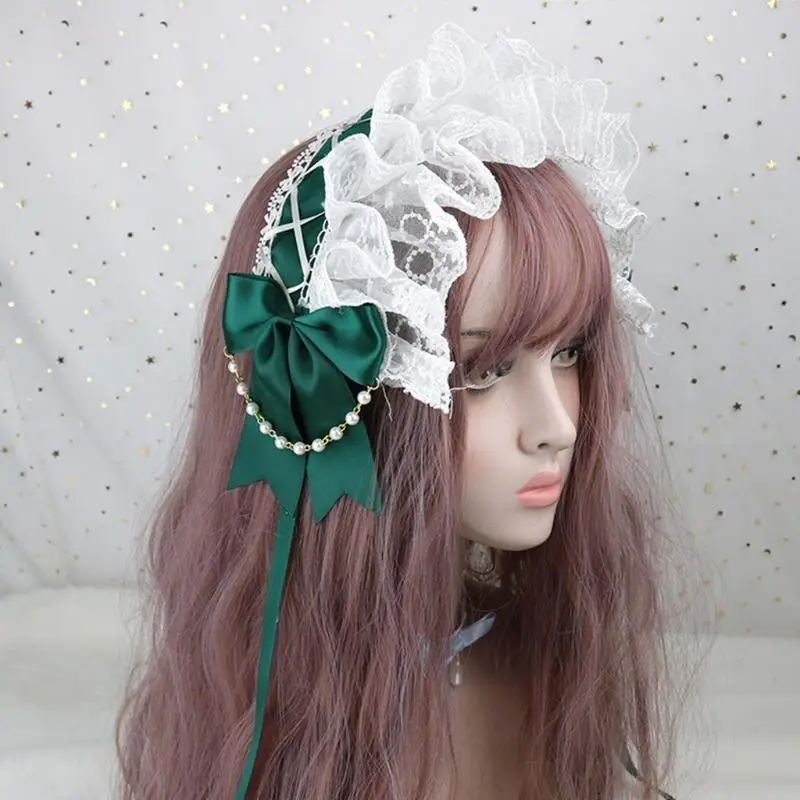 

652F Sweet Ribbon Bowknot Headdress Women Maid Gothic Ruffled Lace Pearls Headwear