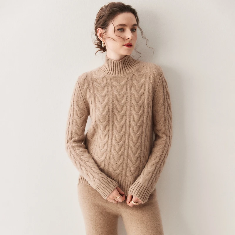 Women 100% Cashmere Sweater Turtleneck Pullover Cable Knitting Preppy Style Cashmere Knitwear Autumn Winter Heavyweight Clothing