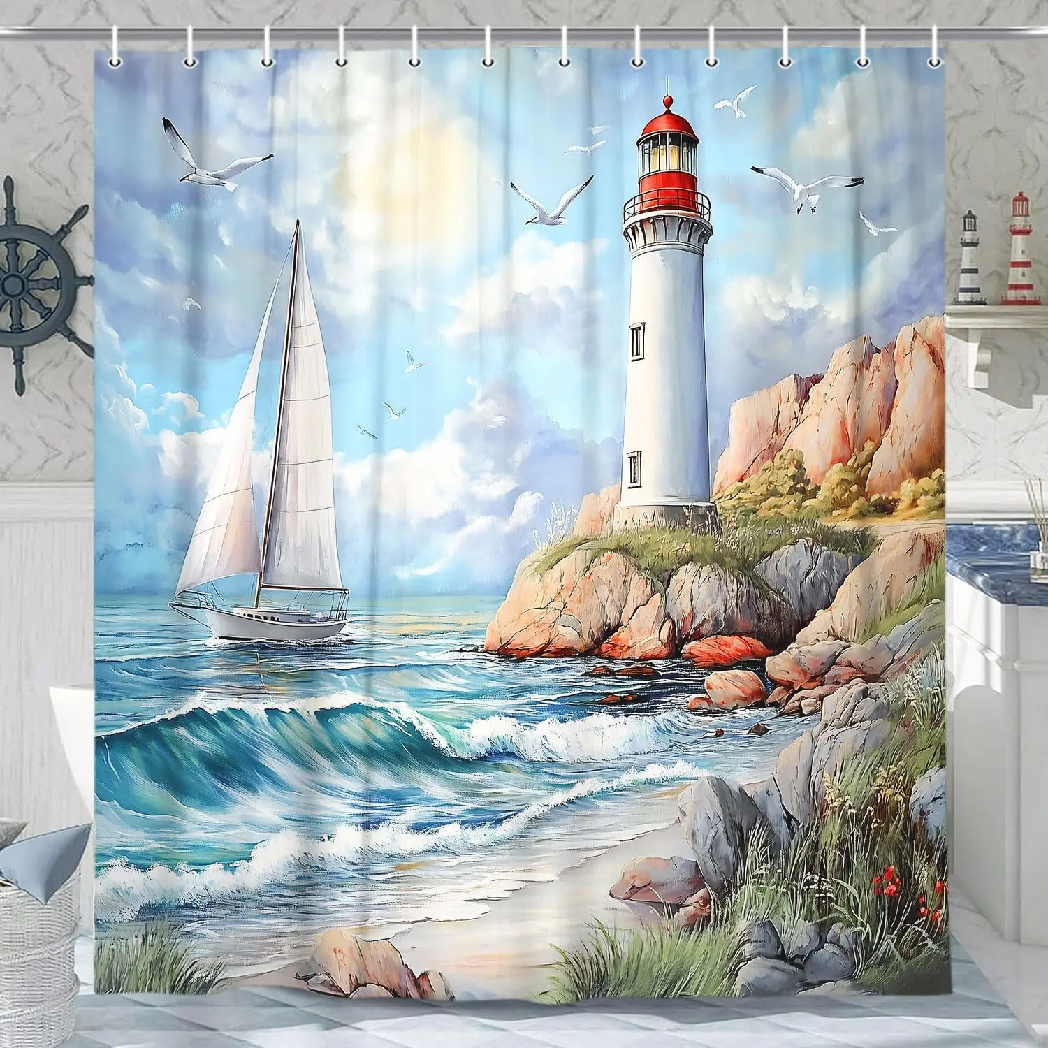 

Lighthouse Shower Curtain with Sailboat Nautical Seascape, Blue Ocean Bathroom Decor, Cloth Fabric Bathroom Decor Set with Hooks
