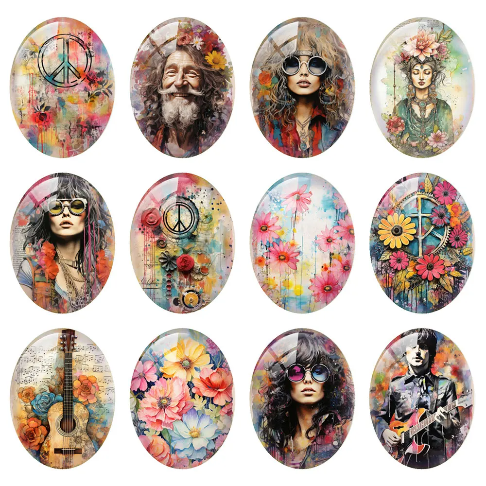 Random Mixed Round/Oval/Square Hippie Retro Rock Collage Flower Photo Glass Cabochon Flatback Demo Cameo For Diy Jewelry Making