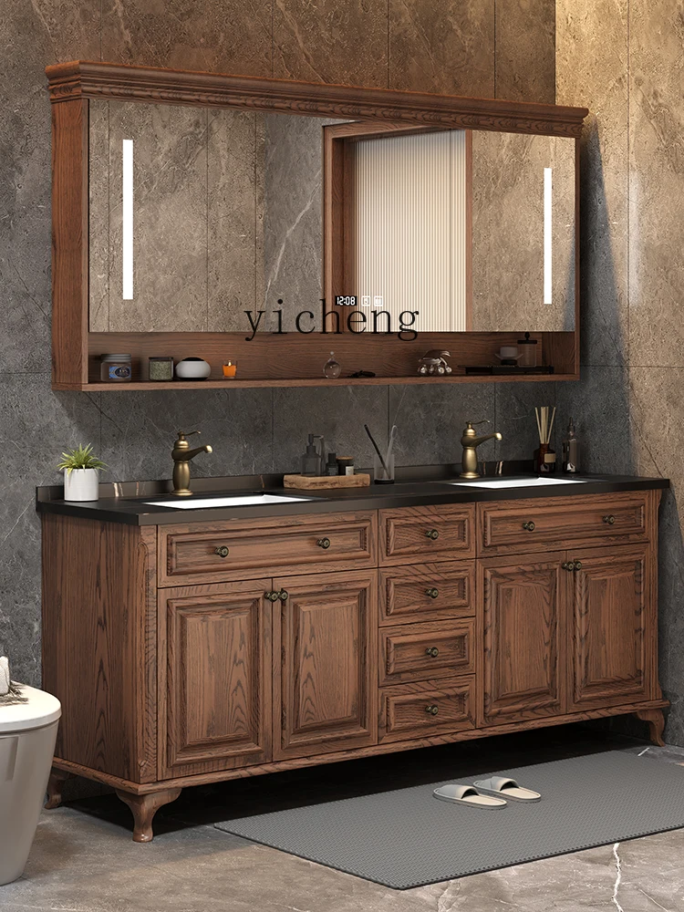 TQH rock slab bathroom cabinet combination bathroom solid wood floor-to-ceiling smart wash basin double basin