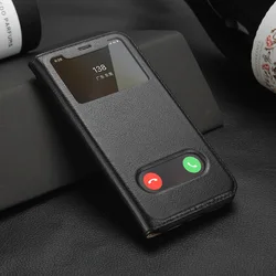 100% Genuine Leather View Window Free Answer Case For iPhone 16 Pro Max 16 Plus Coque Luxury Magnetic Wallet Flip Book Cover