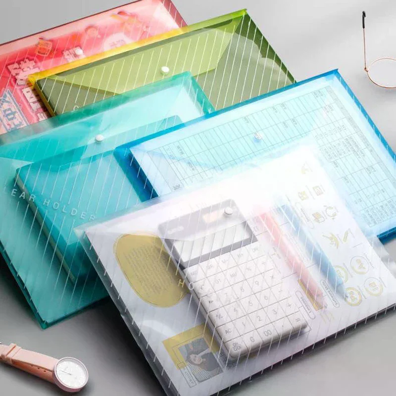 10Pcs A4 File Bag Transparent Folder Waterproof Snap Buckles Large Capacity File Bag Office Storage Bag Student Test Paper Bag