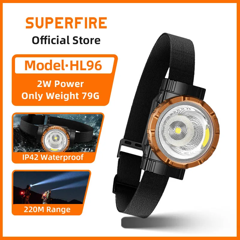 SUPERFIRE HL96 LED Headlamp Super Bright USB Rechargeable Headlight 45° Adjustible Emergency Charging Outdoor Head Flashlight