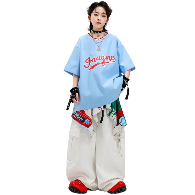 

Kid Kpop Hip Hop Clothing Yellow V Neck Wide T Shirt White Curved Blade Cargo Pants for Girl Boy Street Dance Costumes Clothes