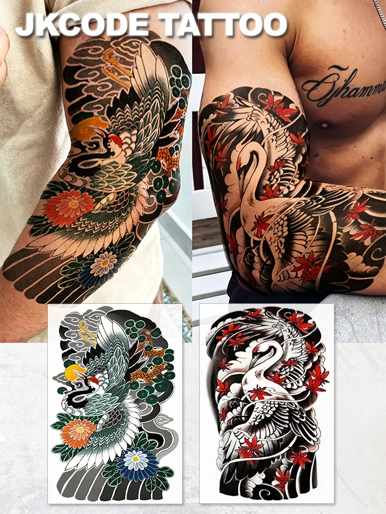 2-Piece Set Oriental Crane Arm Tattoo - Black, Red, Green Ink Painting Red-Crowned Crane Totem Arm Band Tattoo Sticker - Dual-Use Men's Mythological Pattern Temporary Tattoo for Hand and Back - Lasts 3-5 Days