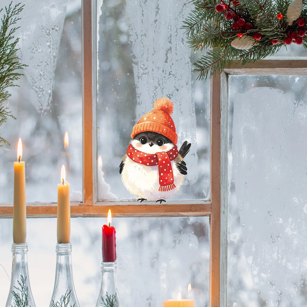 Christmas Bird Window Sticker with a Red Hat And Scarf Holiday Decoration Plastic Art Decor Style Winter Home & Kitchen Decor