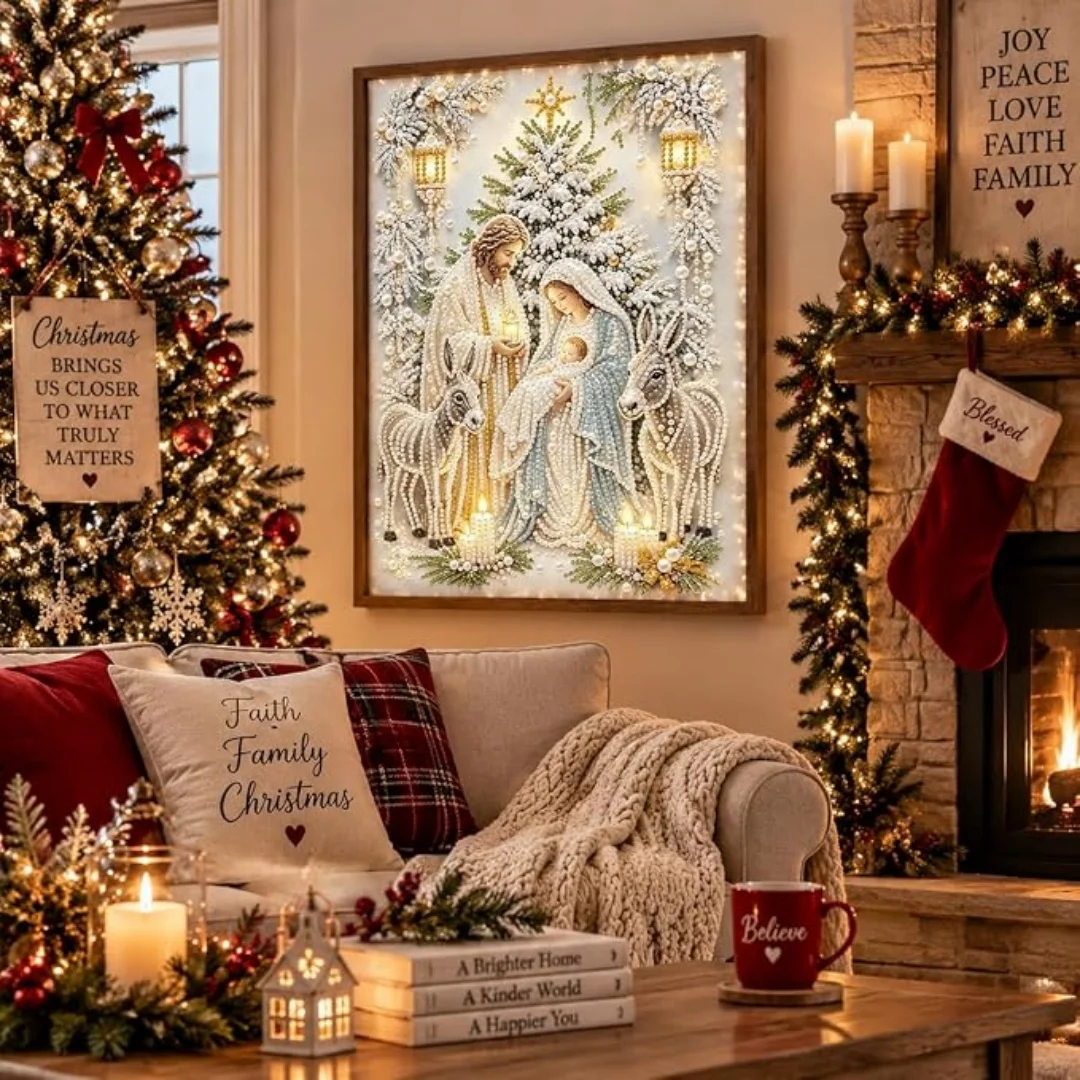 Stretched Canvas Painting Three Dimensional Christmas Nativity Scene Painting Christmas Pearl Art Classic Handmade Painting Kit