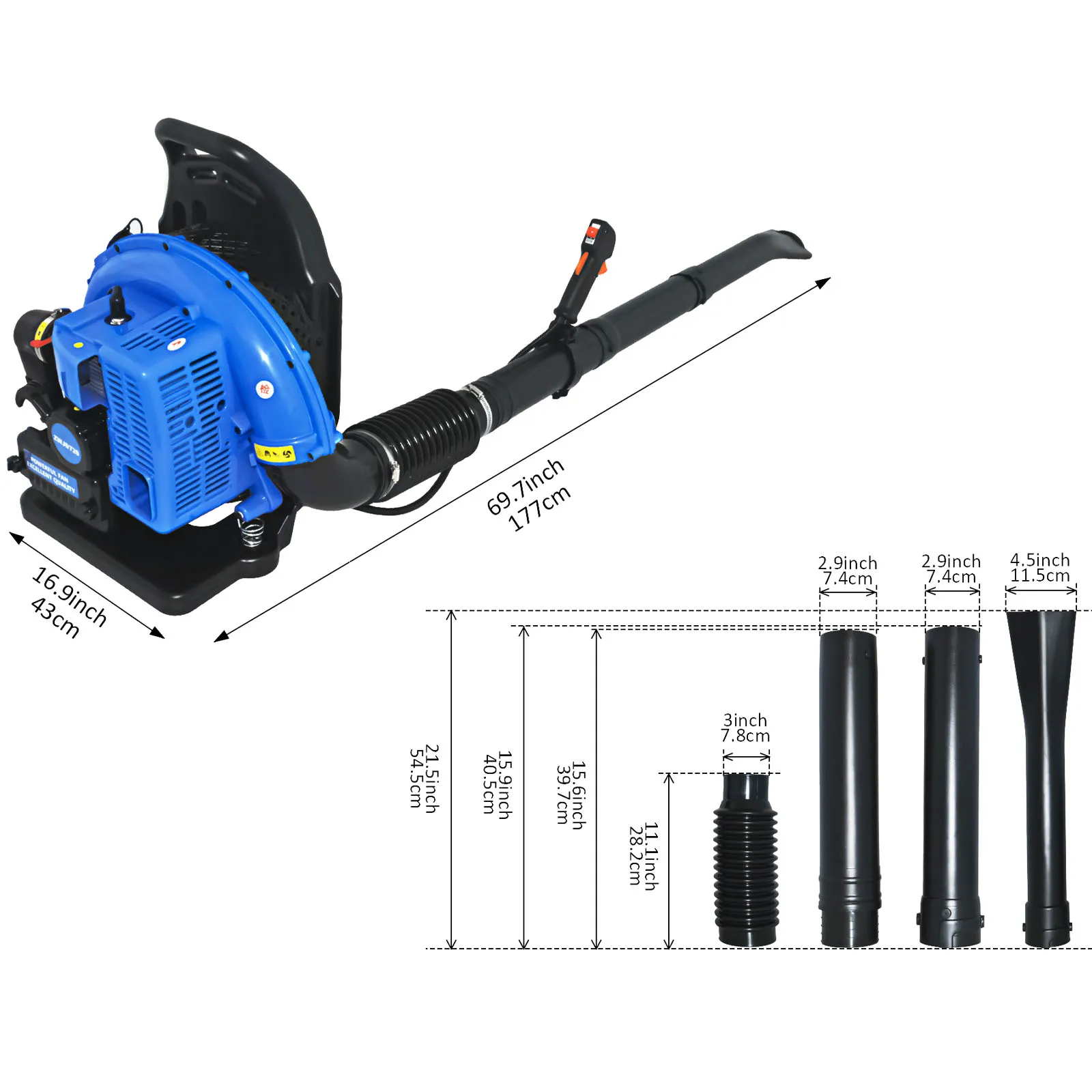 72CC Gas Powered Backpack Leaf Blower, 2-Stroke High Powerful Blue Blower with Air-Cooled Anti-Vibration System Breathable Harness for Commercial Lawn Care, Yard Debris