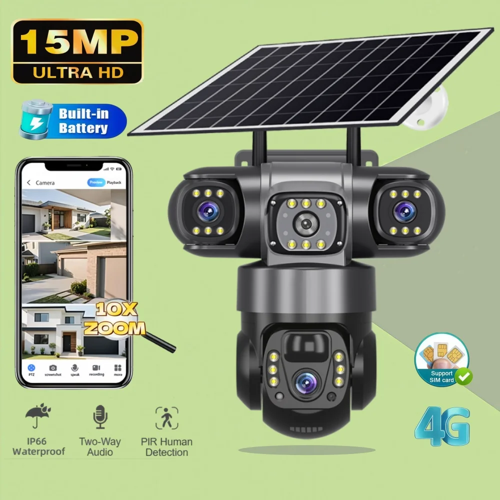 

V380Pro 4G IP Solar Camera Outdoor 15MP 8K Triple Lens Triple Screen Security Video Monitor Night Vision Waterproof CCTV Camera