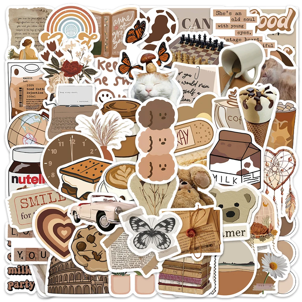 10/30/60pcs Vintage Brown Color Art Aesthetic Stickers Cartoon Retro Style Sticker Scrapbook Guitar Phone Diary Graffiti Decals