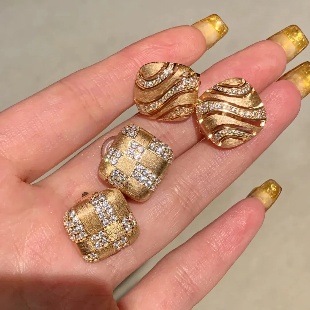 Diamond Square Wave Tremella Silver Earrings Gold Checkerboard New Chinese Ear Clips Women