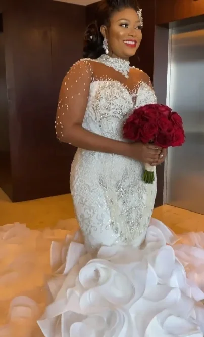 Customized Luxury Plus Size African Wedding Dresses Mermaid Long Sleeves Appliques Beaded Wedding Gowns Amanda Novias Official