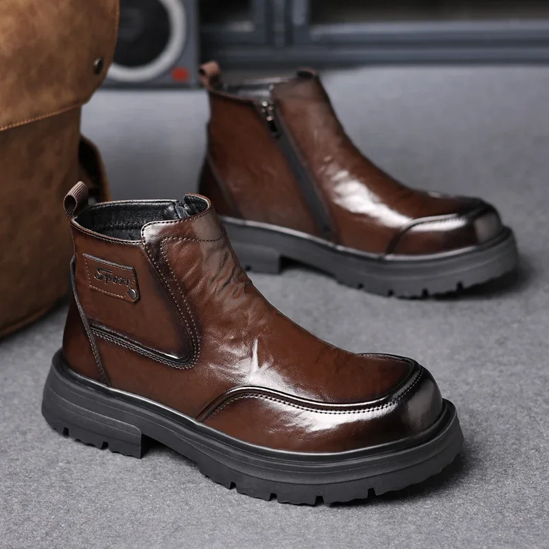 

2024 Fashion Men's Ankle Boots Luxury Brand Retro Comfortable Round Toe Boots Mens Outdoor Thick Sole Side Zipper Casual Shoes
