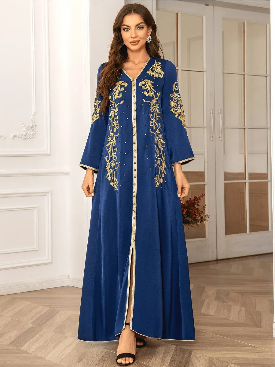 Eid Muslim Dress for Women Abaya Beading V Neck Lace-up Jalabiya Party Dresses Kaftan Vestidos Largos Long Robe Arab Dubai 2024