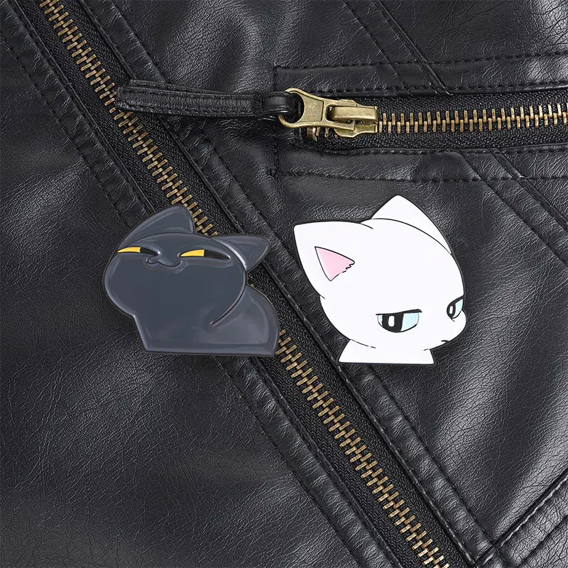 Black Cat Smirk and White Cat Eye Roll Cartoon Enamel Pin for Boyfriend Girlfriend and Sweet Twinning Outfits