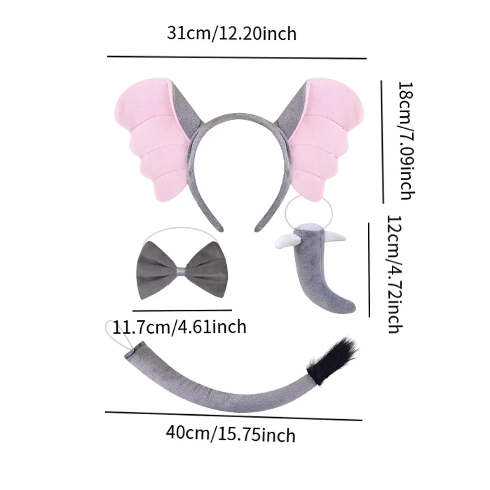 เครื่องแต่งกายช้างหูแถบคาดศีรษะจมูก Bowtie และหางชุดอุปกรณ์เสริม 4 ชิ้น/เซ็ตสําหรับ Carnival Props คอสเพลย์เทศกาล Party Favors